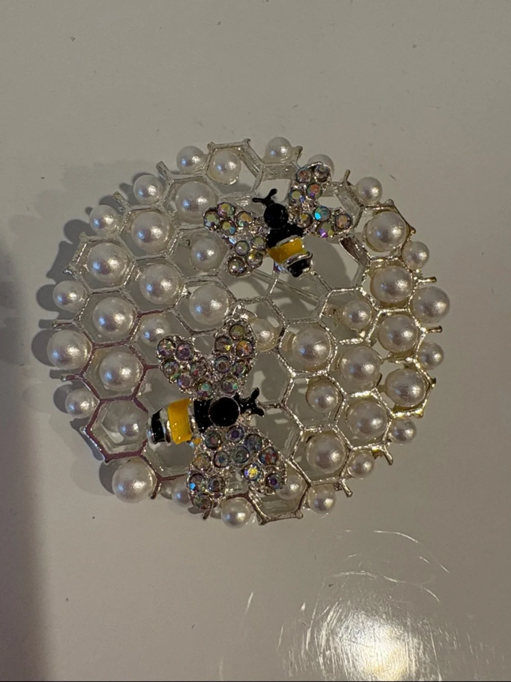 Pearl Stretch Bracelet with White Floral Crystal Accent and Bee Brooch - Picture 6 of 6